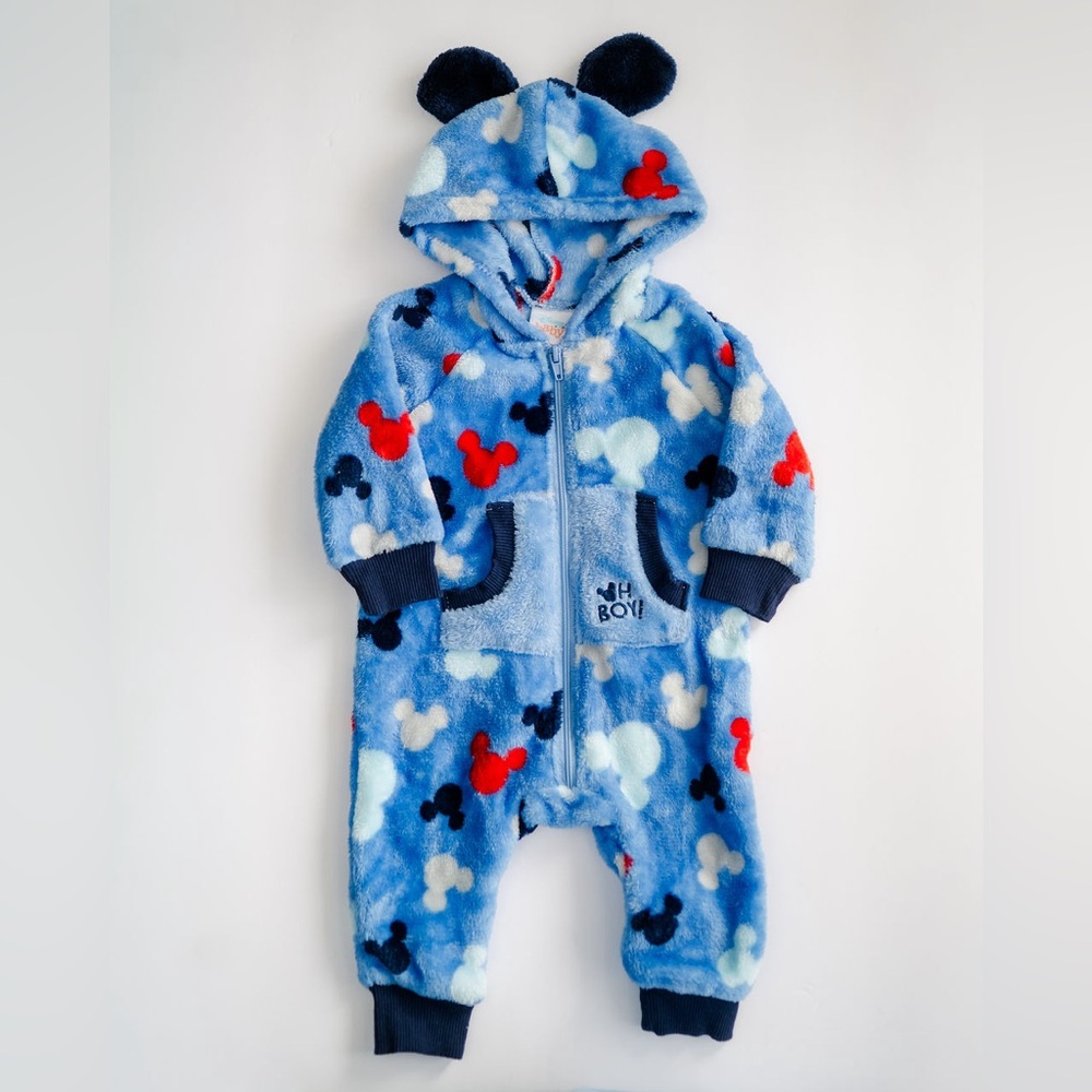 Disney Baby Mickey Mouse Fleece Hooded Bunting Romper 3-6M Blue Ears Zip
